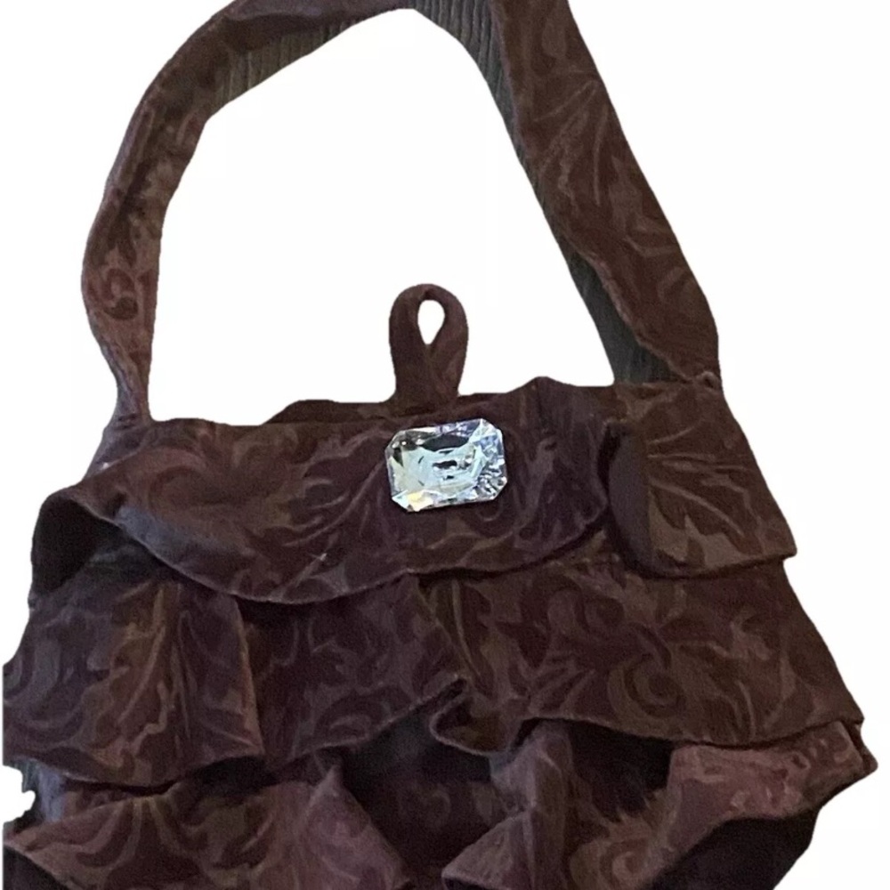 Brown Ruffled Shoulder Bag with Crystal Embellishment - Picture 3 of 3